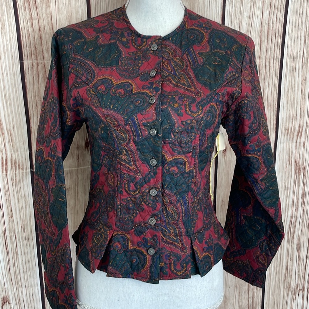 Kenneth Gordon Quilted Paisley Fitted Jacket Burgundy/Green/Yellow/Blue Size 4 - Picture 2 of 12